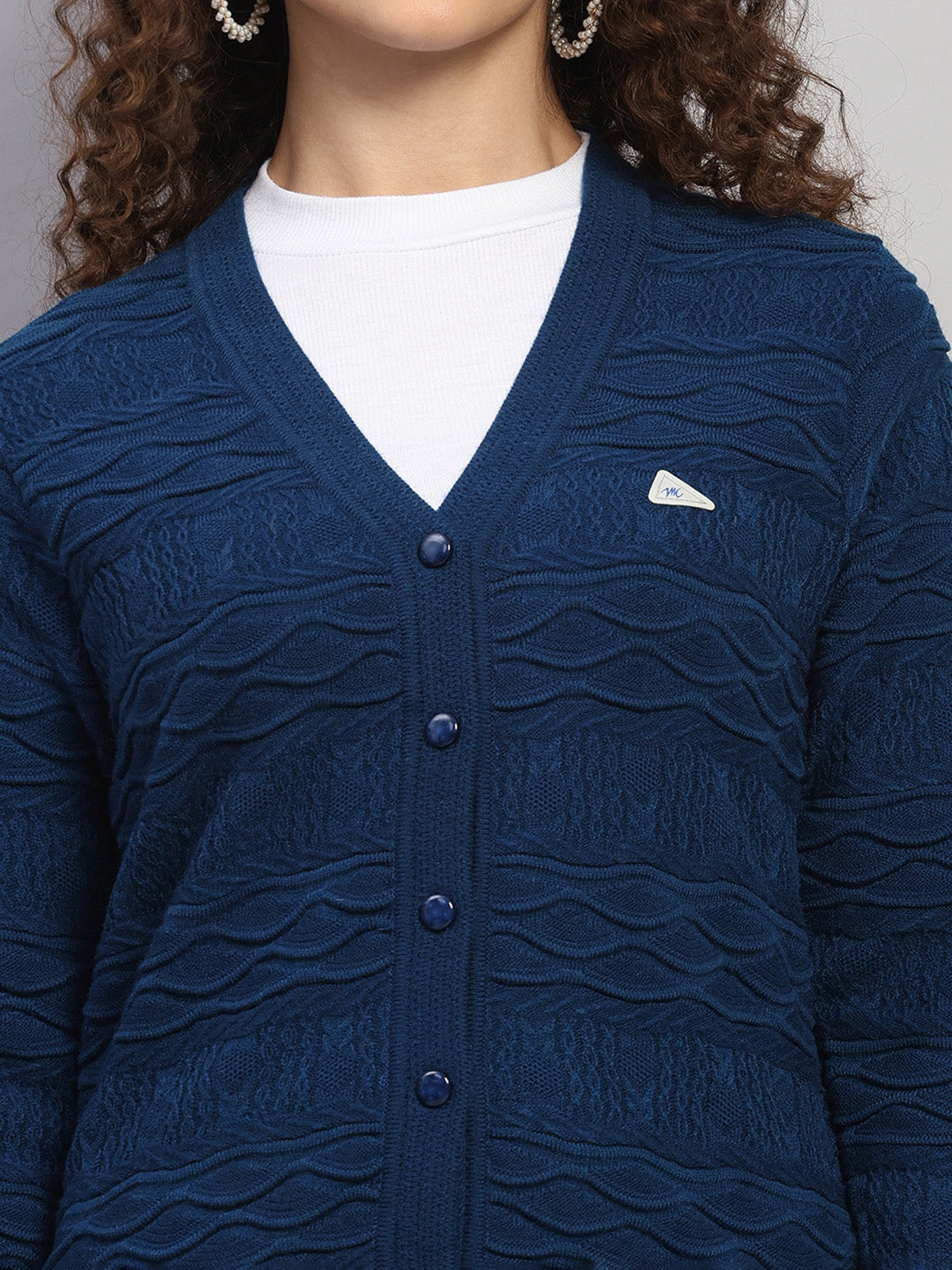 Women Blue Self Design V Neck Full Sleeve Cardigan