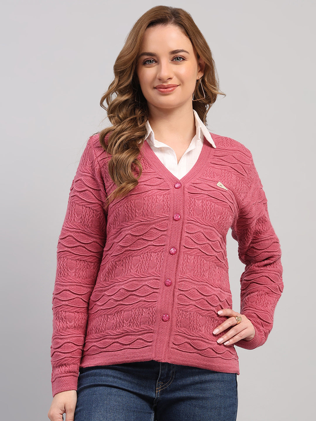 Women Rose Pink Self Design V Neck Full Sleeve Cardigan