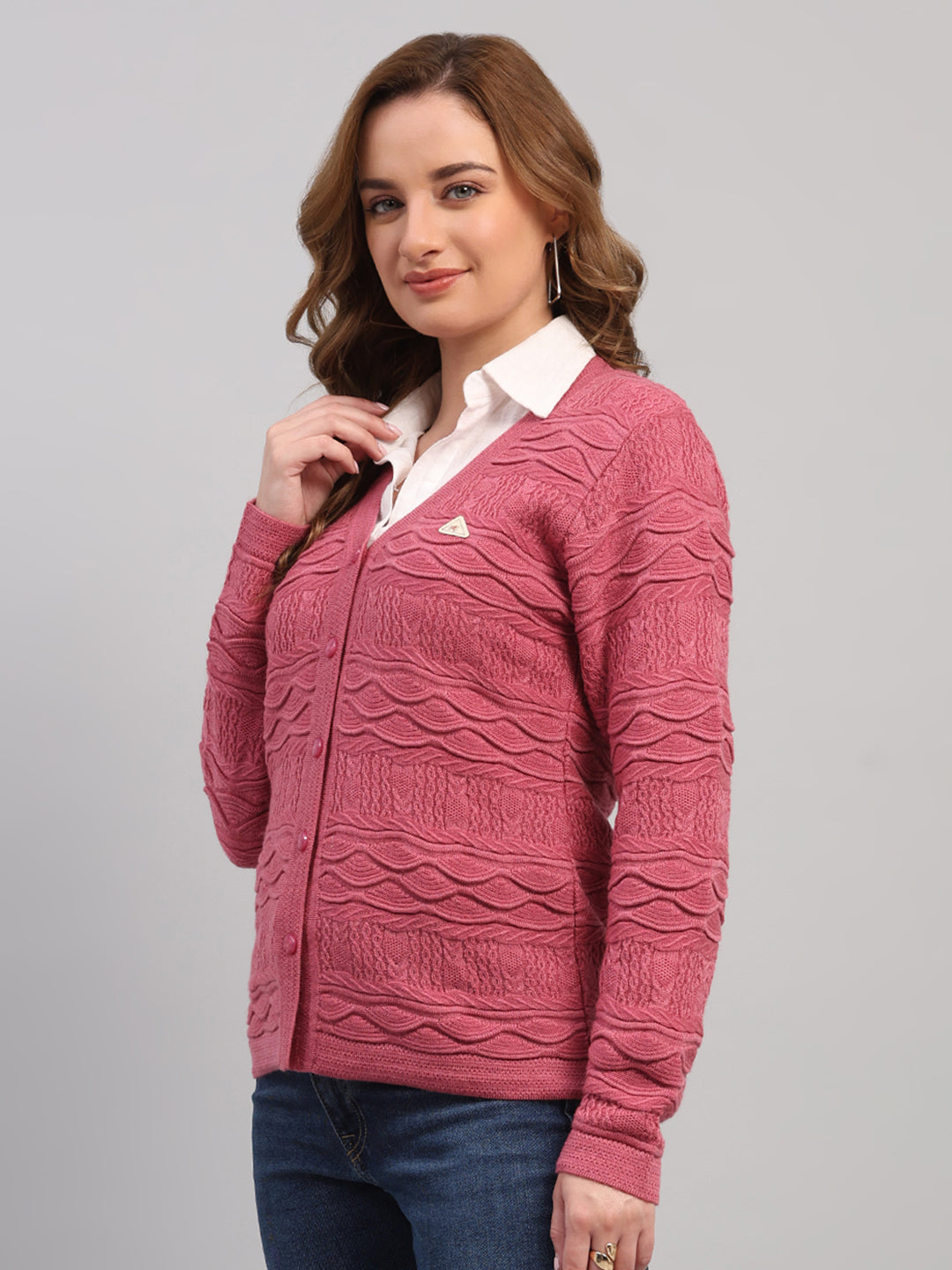 Women Rose Pink Self Design V Neck Full Sleeve Cardigan