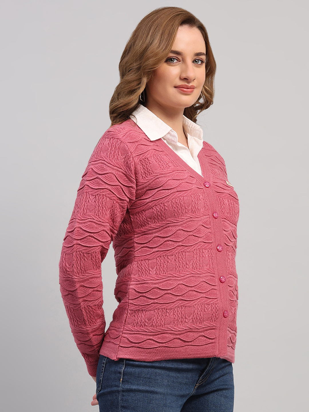 Women Rose Pink Self Design V Neck Full Sleeve Cardigan
