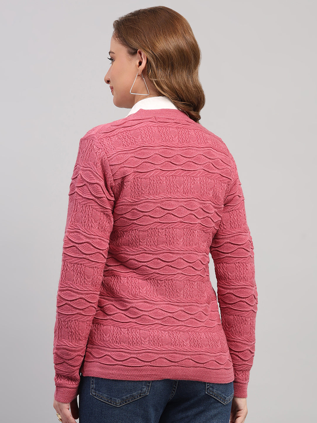 Women Rose Pink Self Design V Neck Full Sleeve Cardigan
