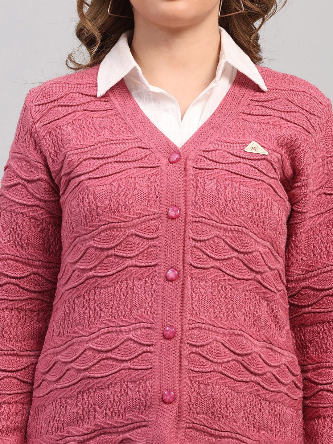 Women Rose Pink Self Design V Neck Full Sleeve Cardigan