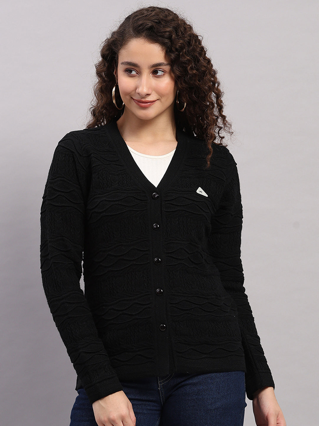 Women Black Self Design V Neck Full Sleeve Cardigan