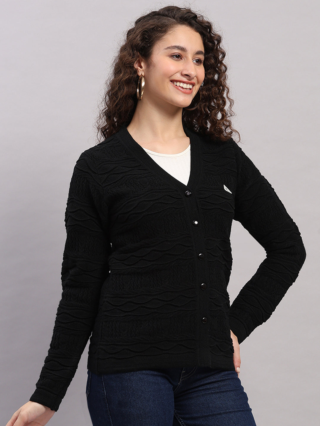 Women Black Self Design V Neck Full Sleeve Cardigan