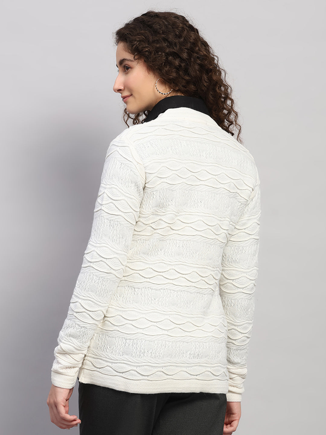 Women White Self Design V Neck Full Sleeve Cardigan