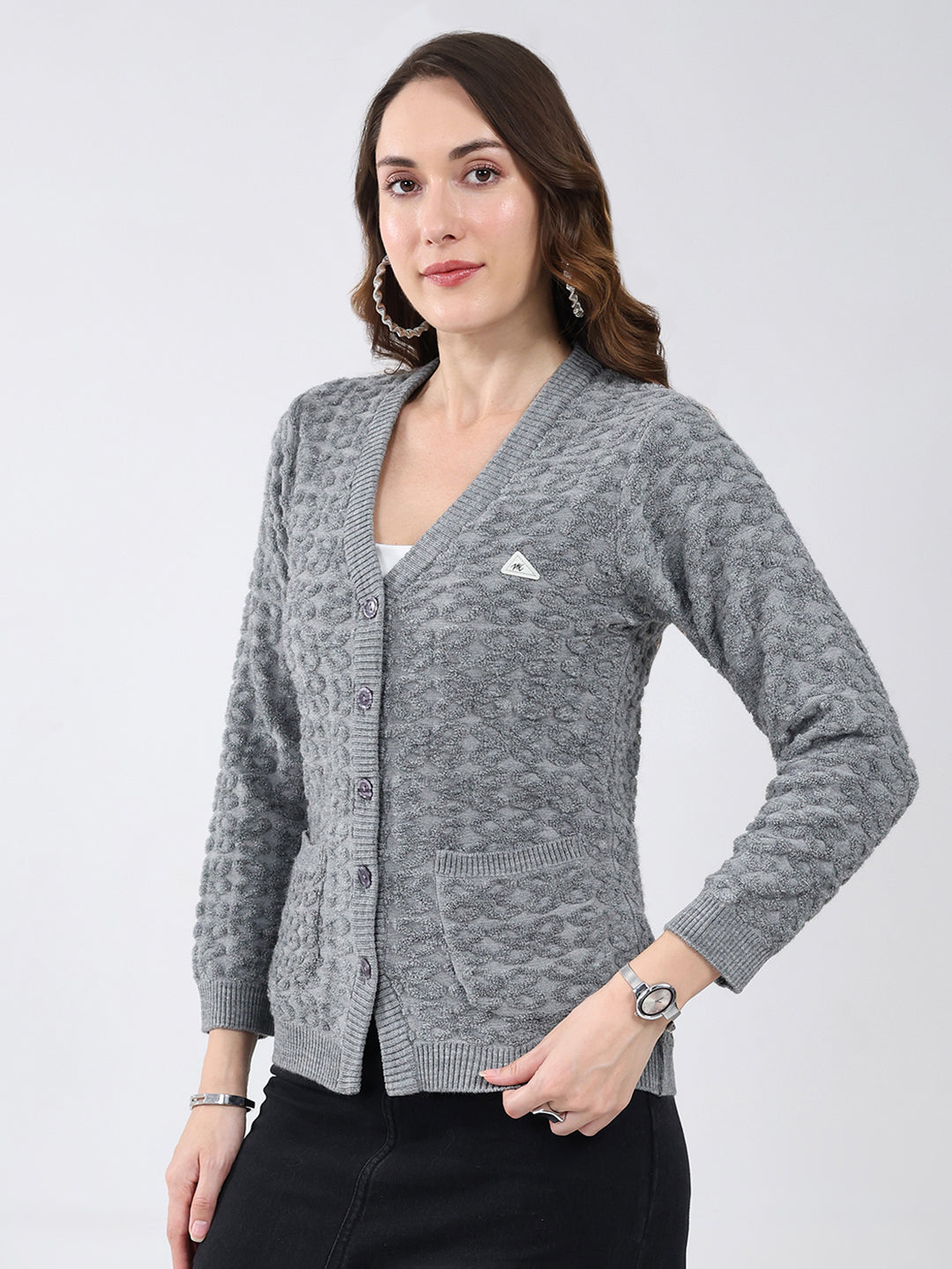 Women Grey Self Design V Neck Full Sleeve Cardigan