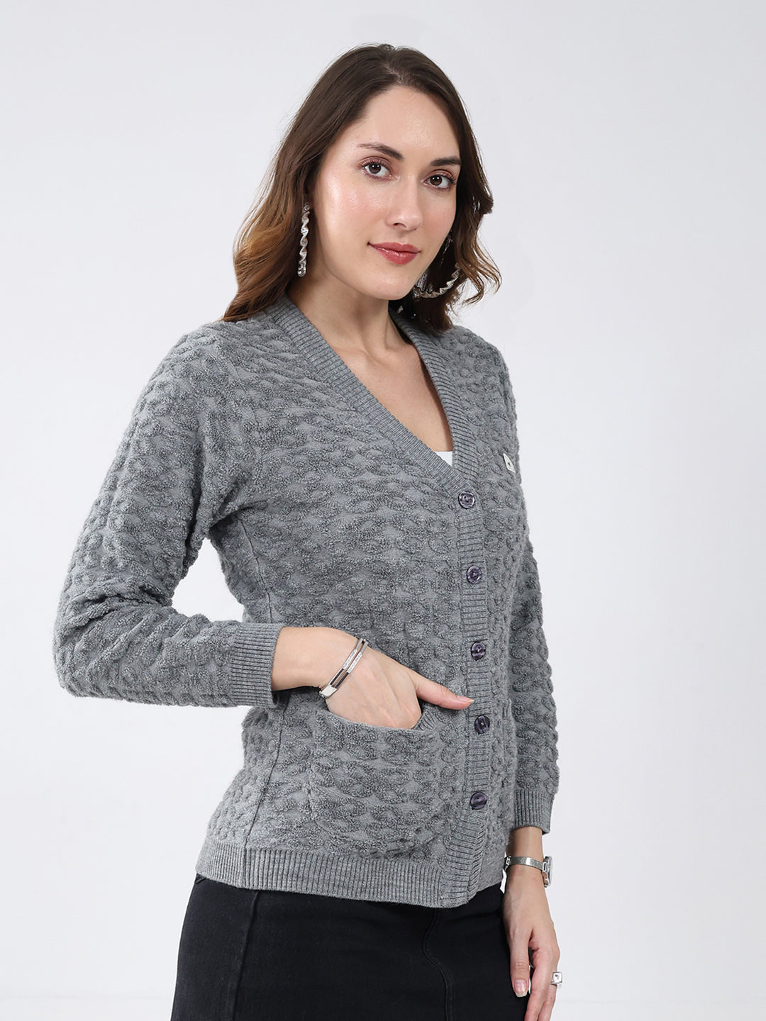 Women Grey Self Design V Neck Full Sleeve Cardigan