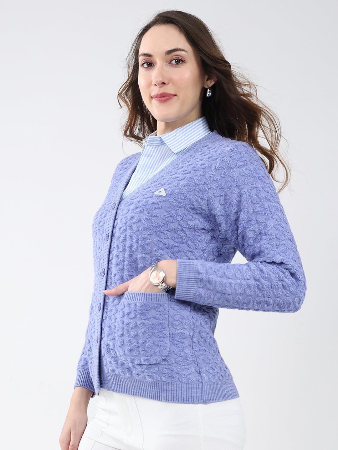Women Purple Self Design V Neck Full Sleeve Cardigan