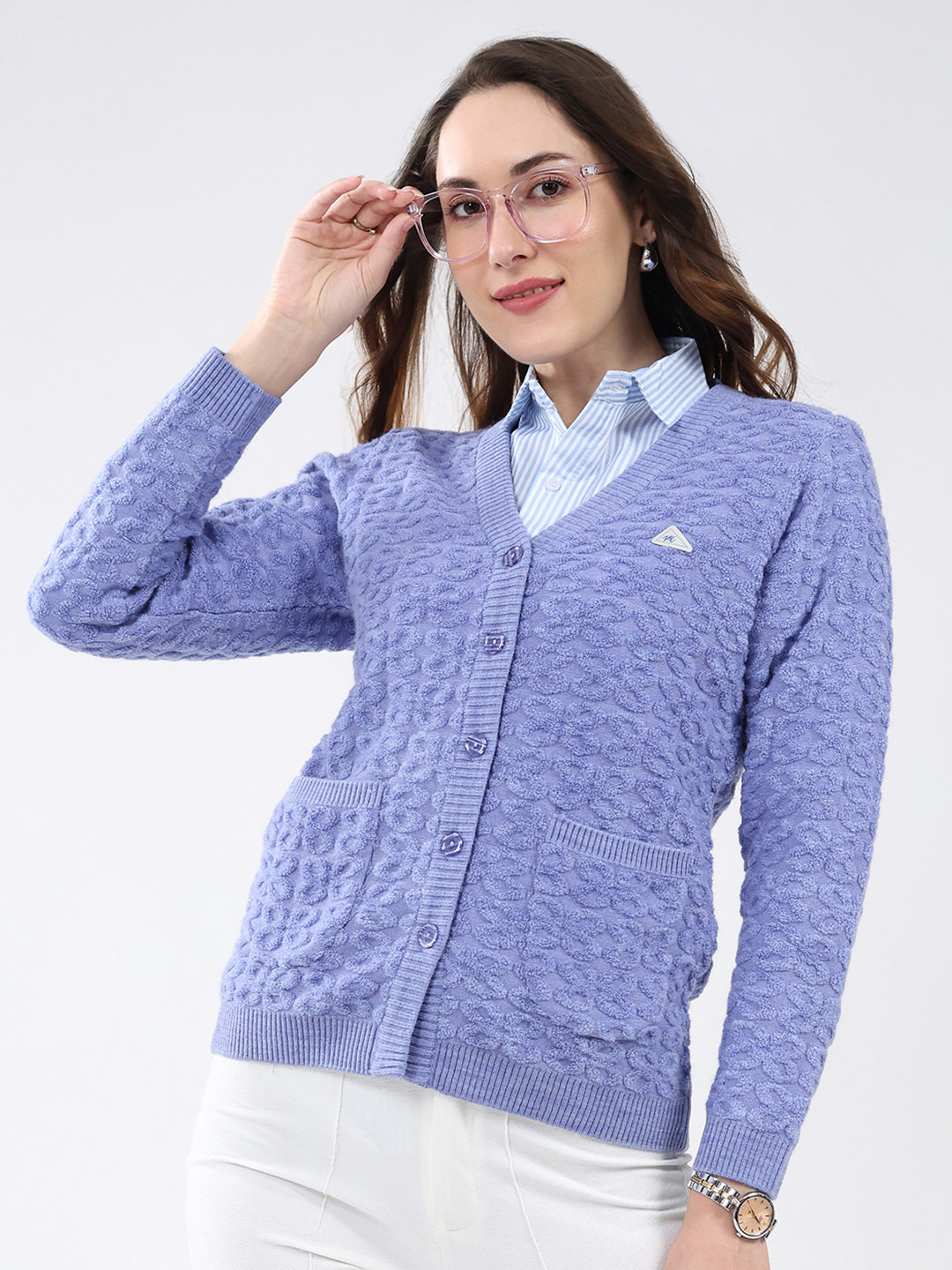 Women Purple Self Design V Neck Full Sleeve Cardigan