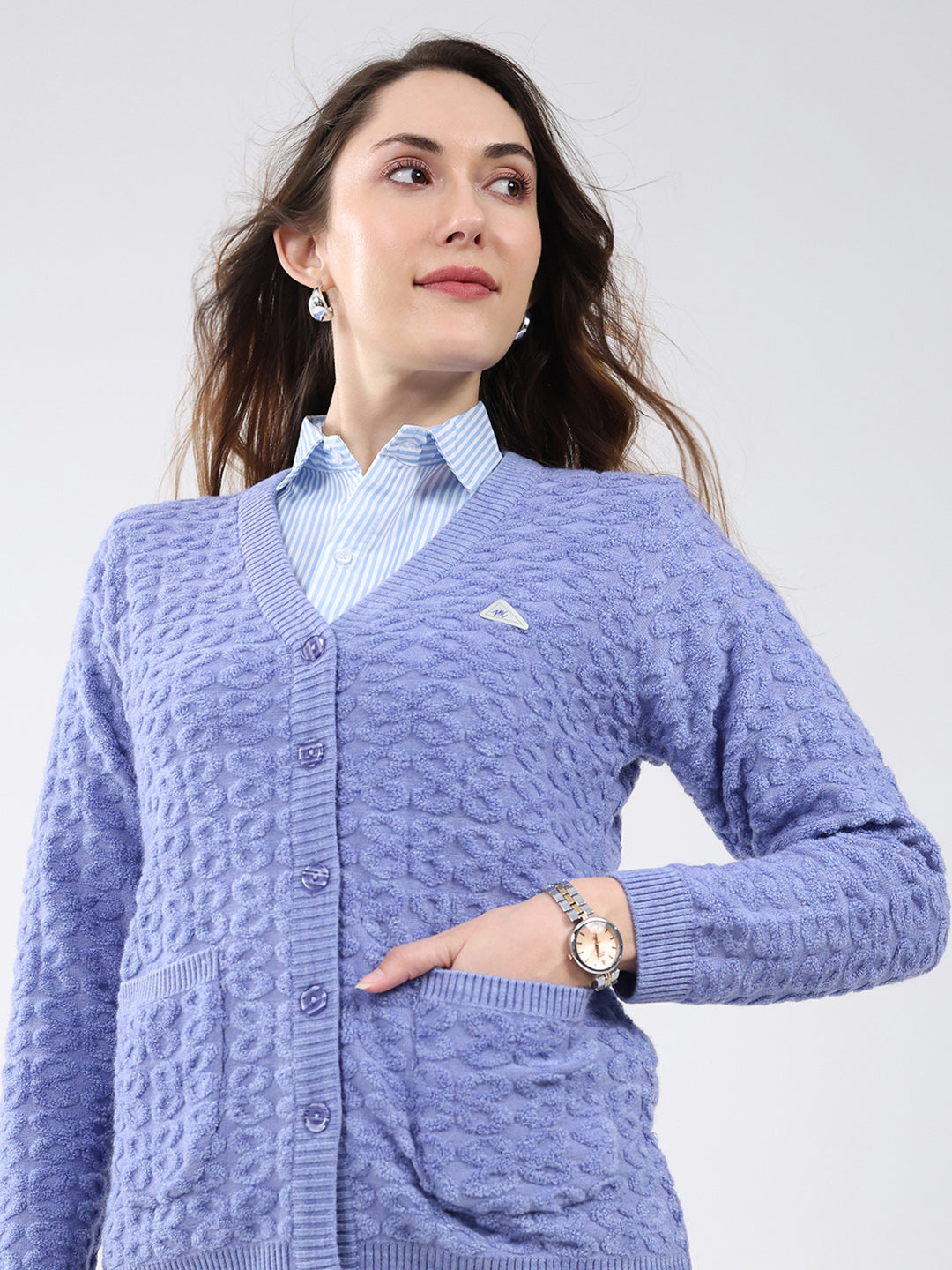 Women Purple Self Design V Neck Full Sleeve Cardigan
