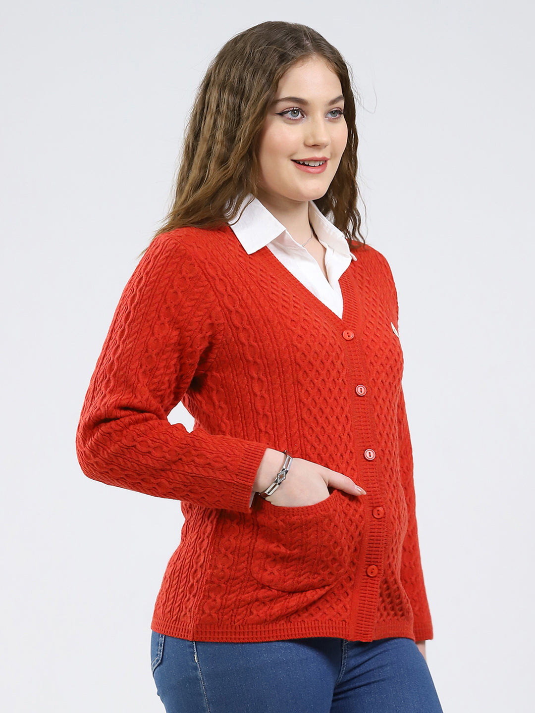 Women Red Self Design V Neck Full Sleeve Cardigan