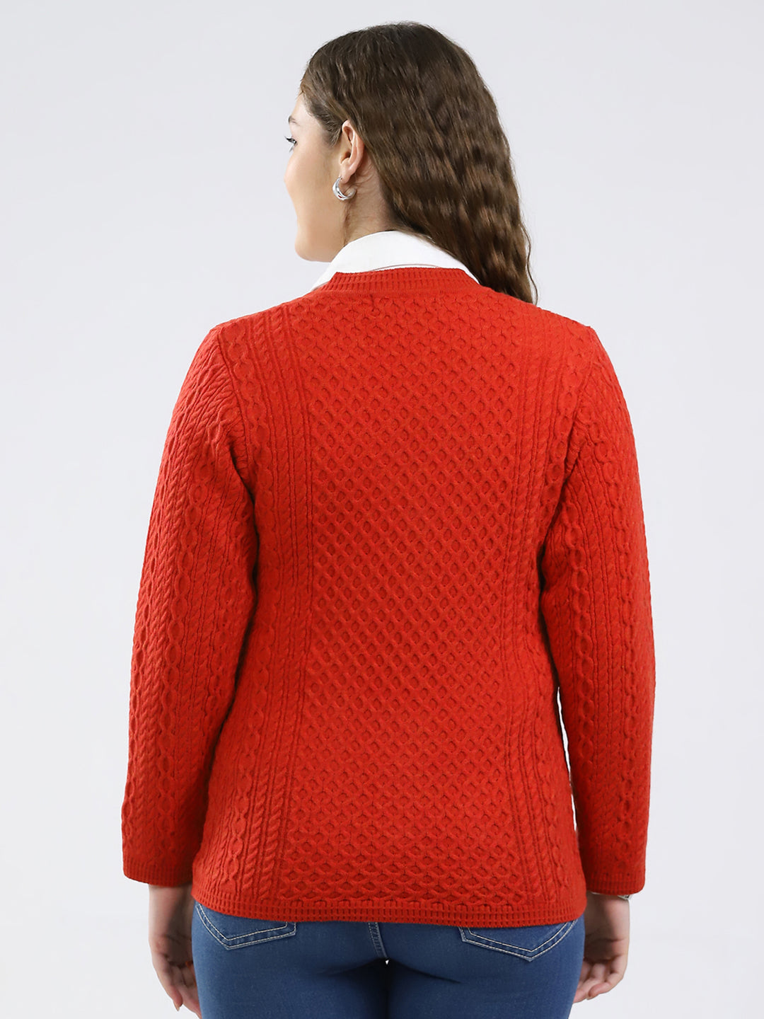 Women Red Self Design V Neck Full Sleeve Cardigan