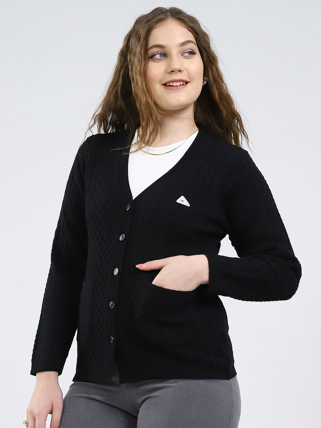 Women Black Self Design V Neck Full Sleeve Cardigan