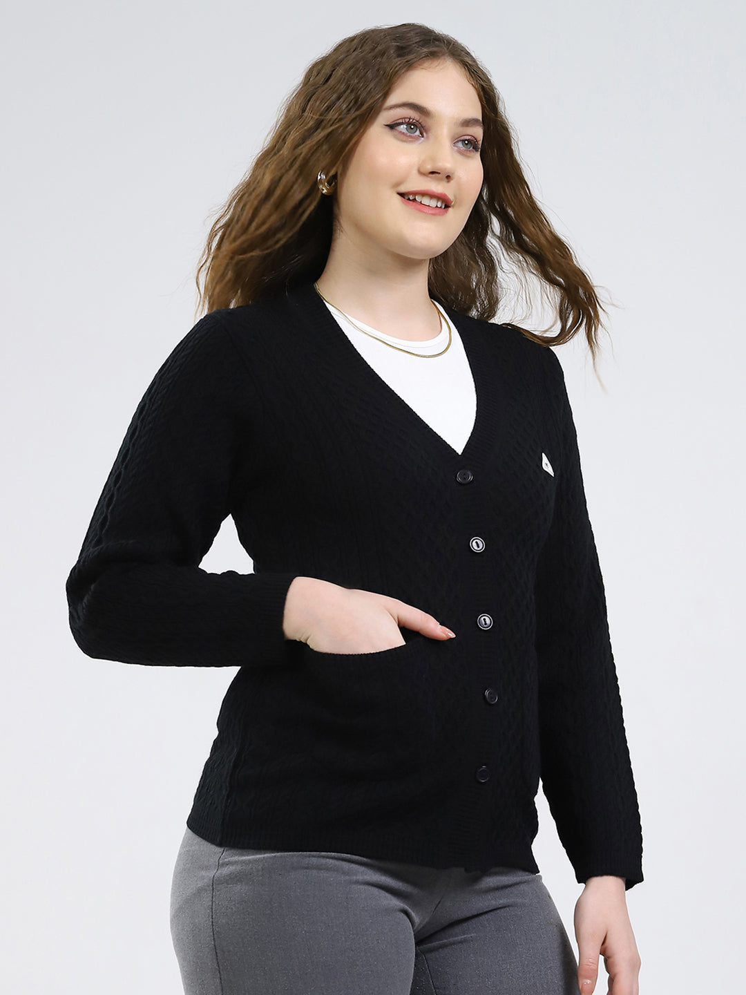 Women Black Self Design V Neck Full Sleeve Cardigan