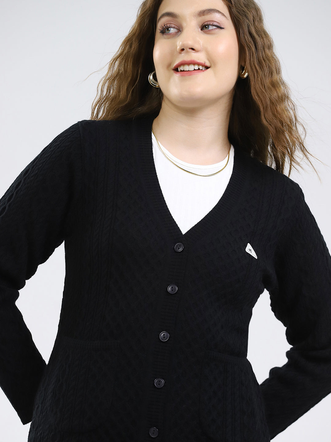 Women Black Self Design V Neck Full Sleeve Cardigan