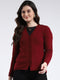 Women Maroon Self Design V Neck Full Sleeve Cardigan
