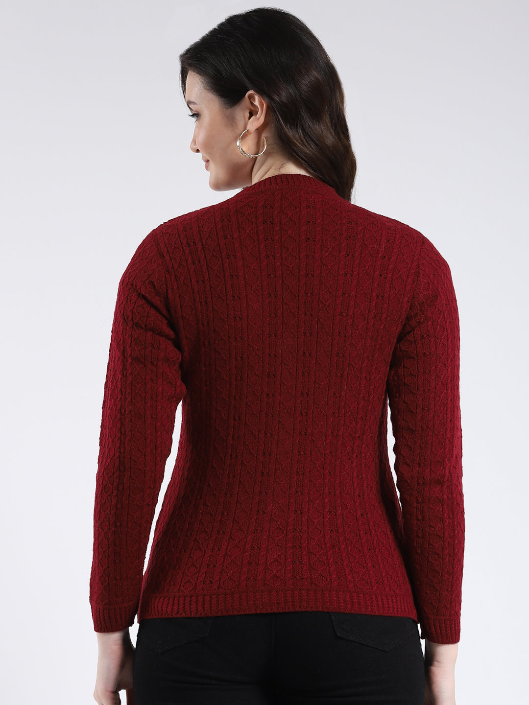 Women Maroon Self Design V Neck Full Sleeve Cardigan
