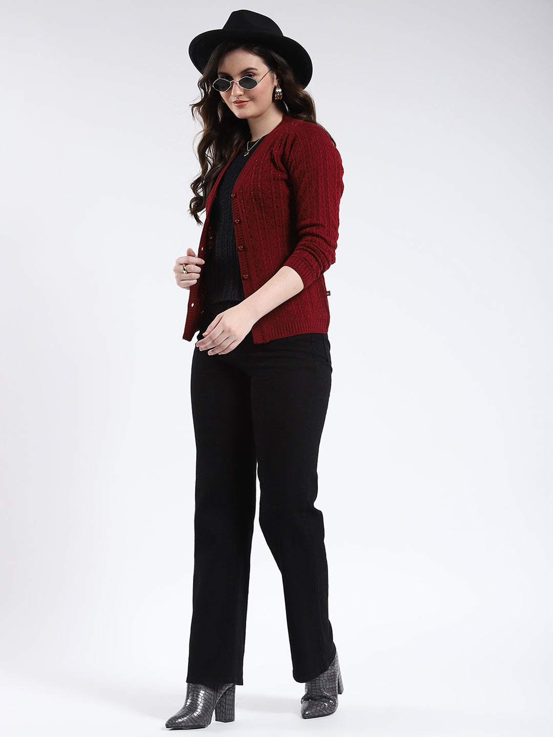Women Maroon Self Design V Neck Full Sleeve Cardigan