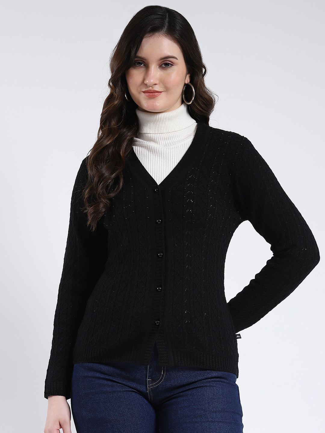 Women Black Self Design V Neck Full Sleeve Cardigan