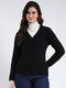 Women Black Self Design V Neck Full Sleeve Cardigan