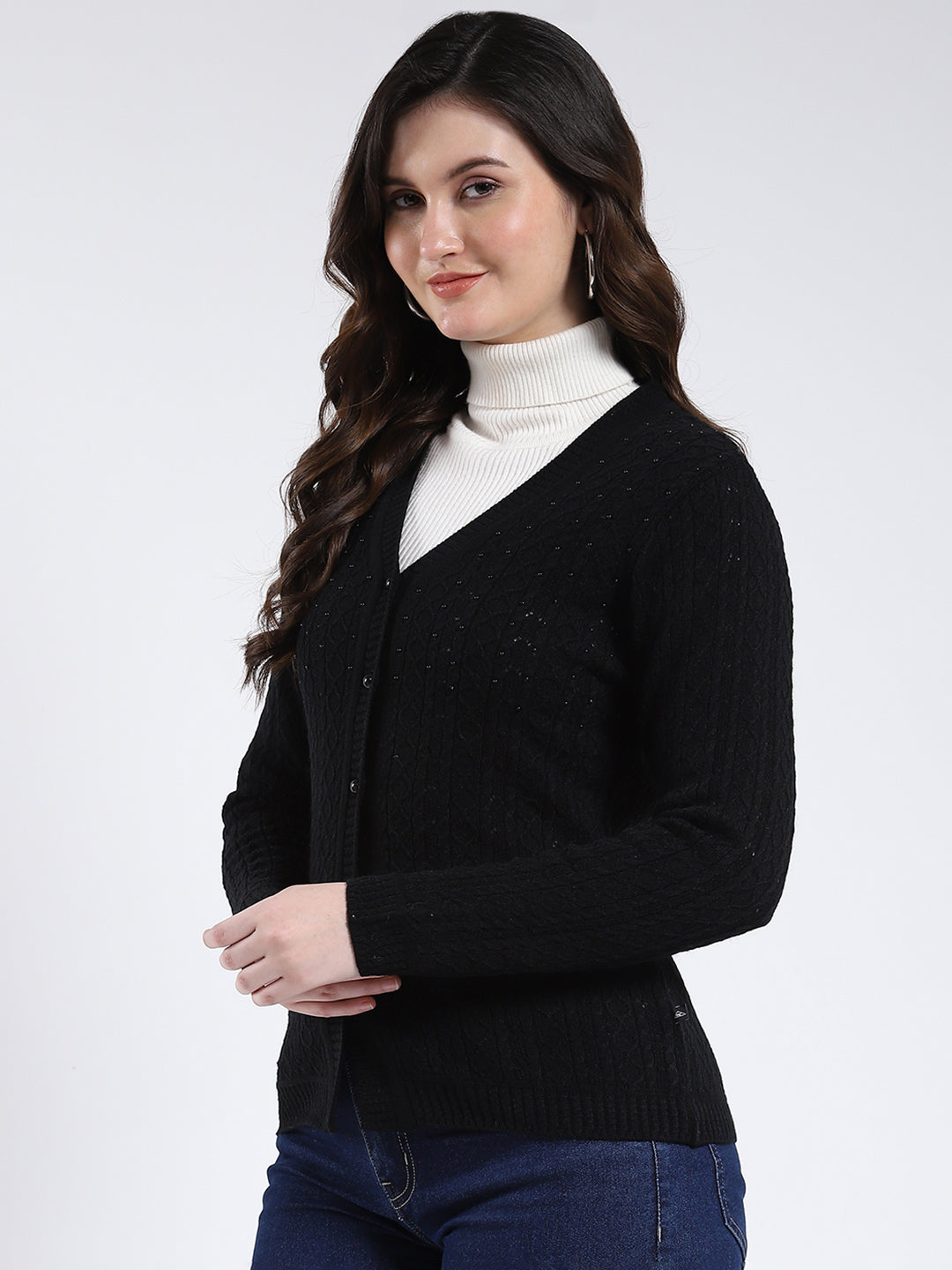 Women Black Self Design V Neck Full Sleeve Cardigan