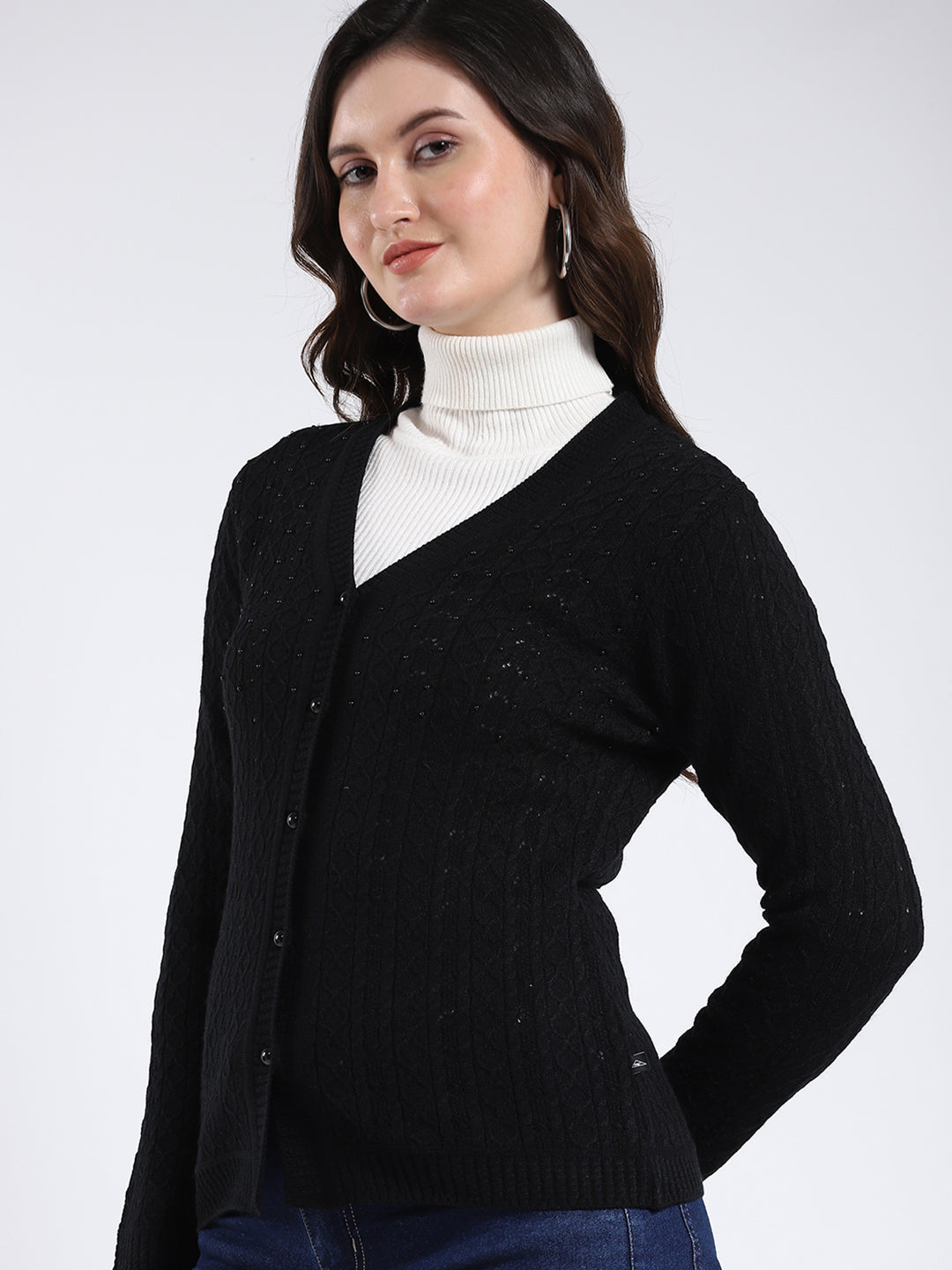 Women Black Self Design V Neck Full Sleeve Cardigan