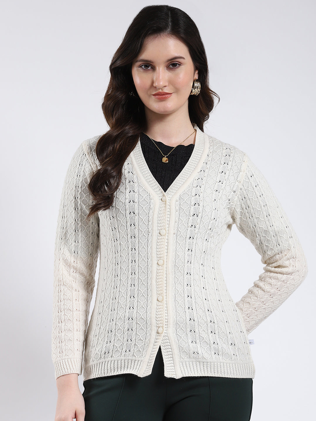 Women Cream Self Design V Neck Full Sleeve Cardigan