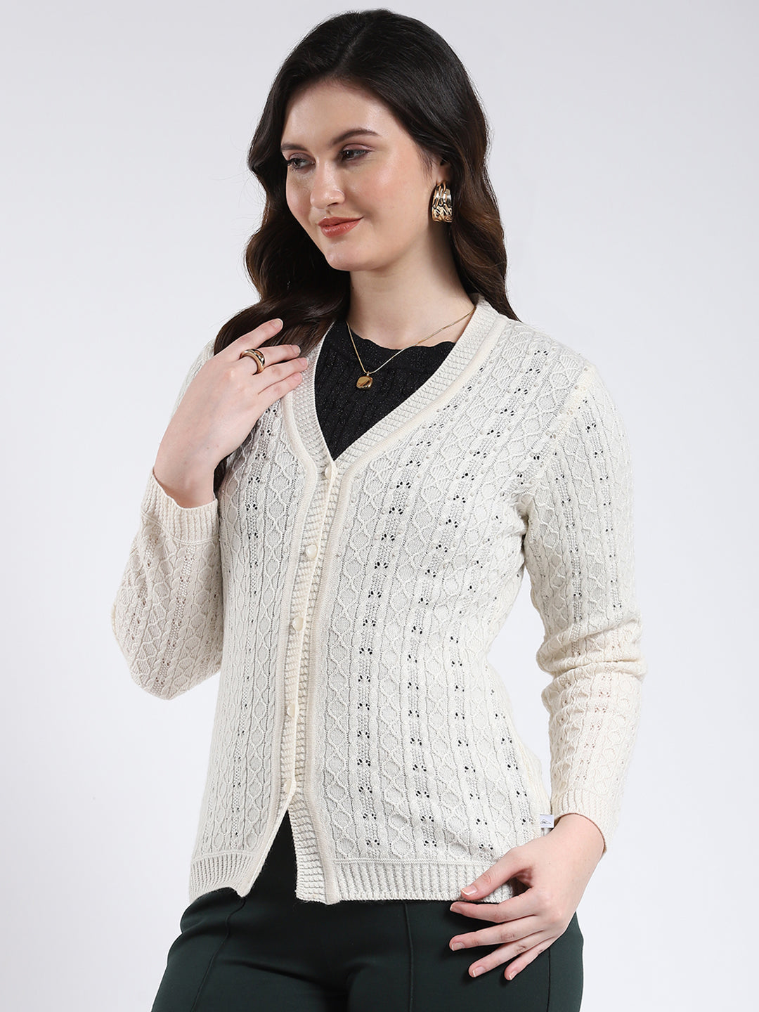 Women Cream Self Design V Neck Full Sleeve Cardigan