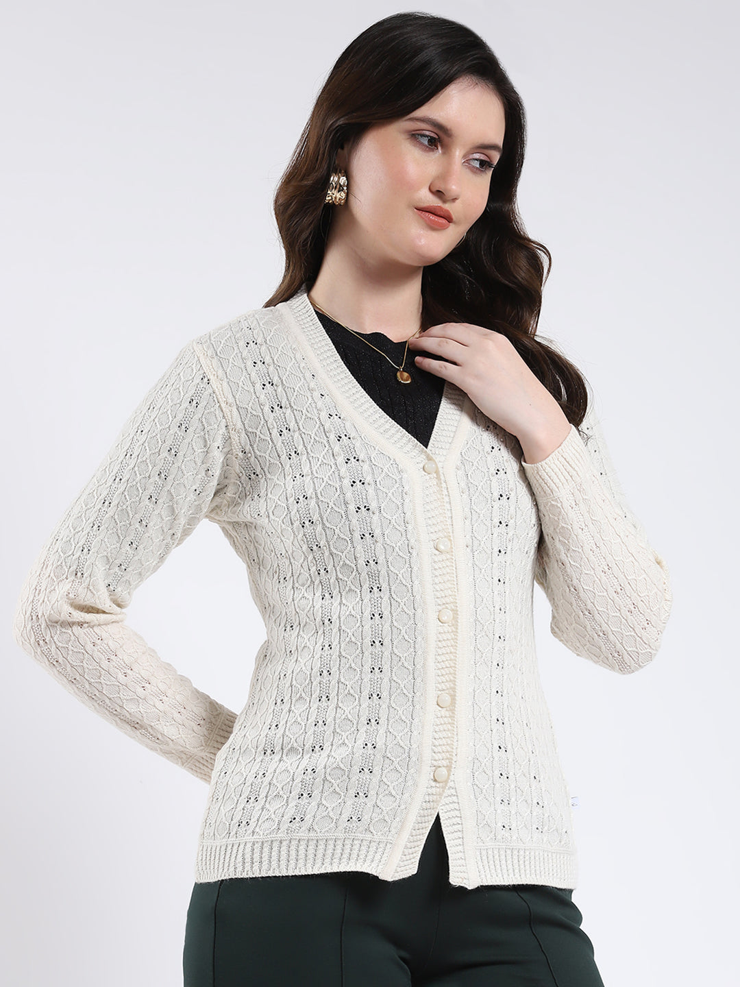 Women Cream Self Design V Neck Full Sleeve Cardigan