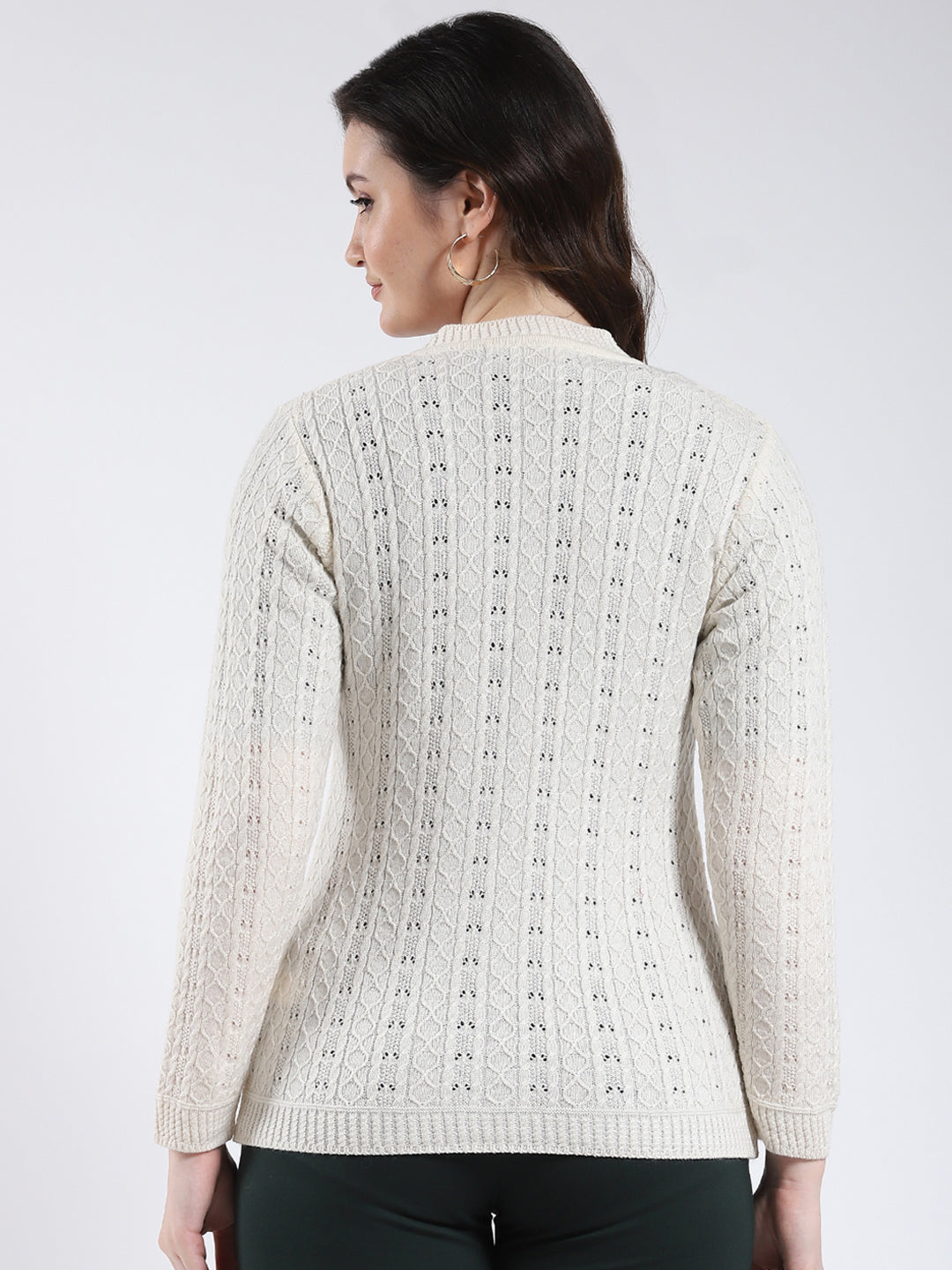 Women Cream Self Design V Neck Full Sleeve Cardigan