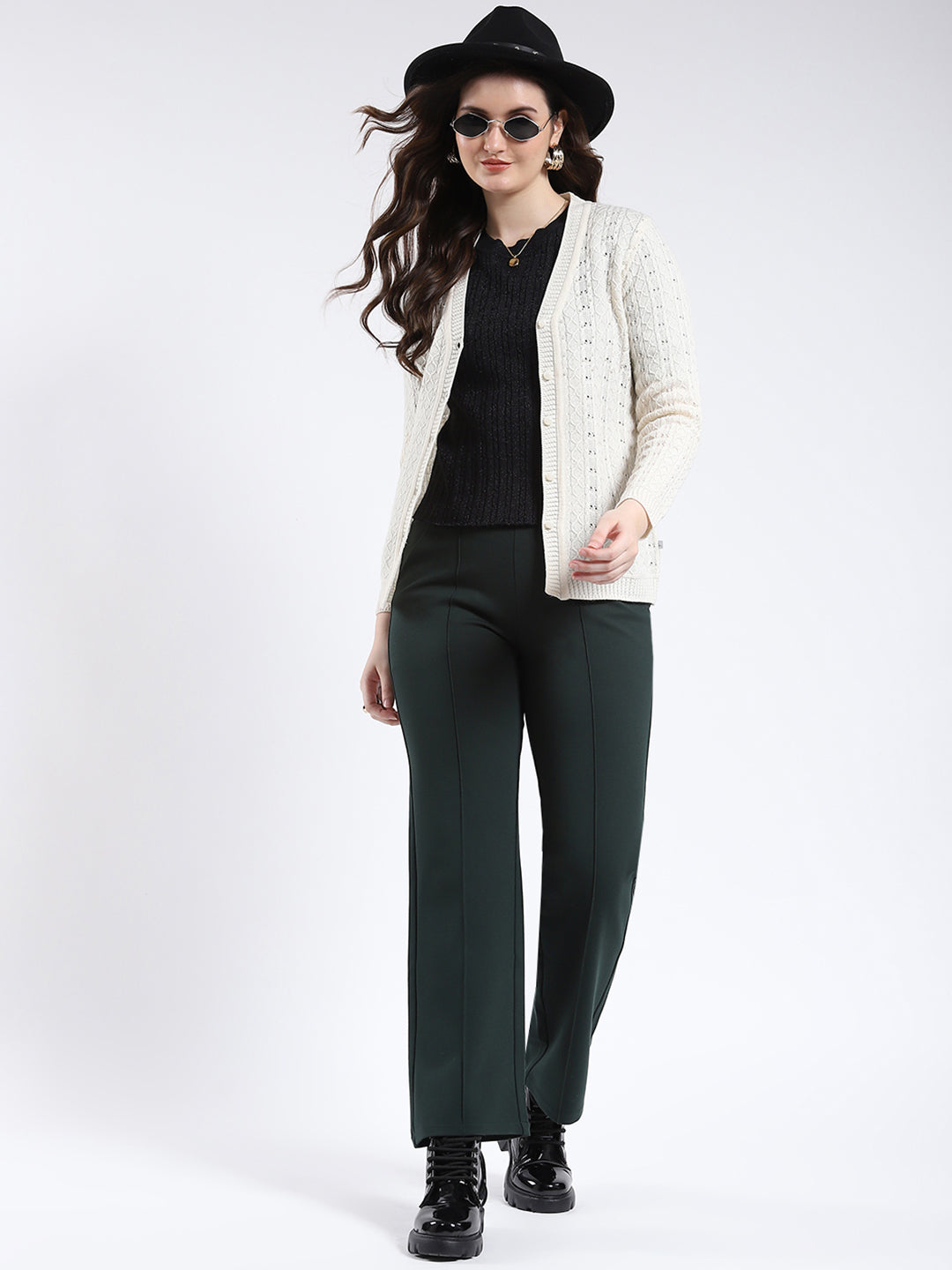 Women Cream Self Design V Neck Full Sleeve Cardigan