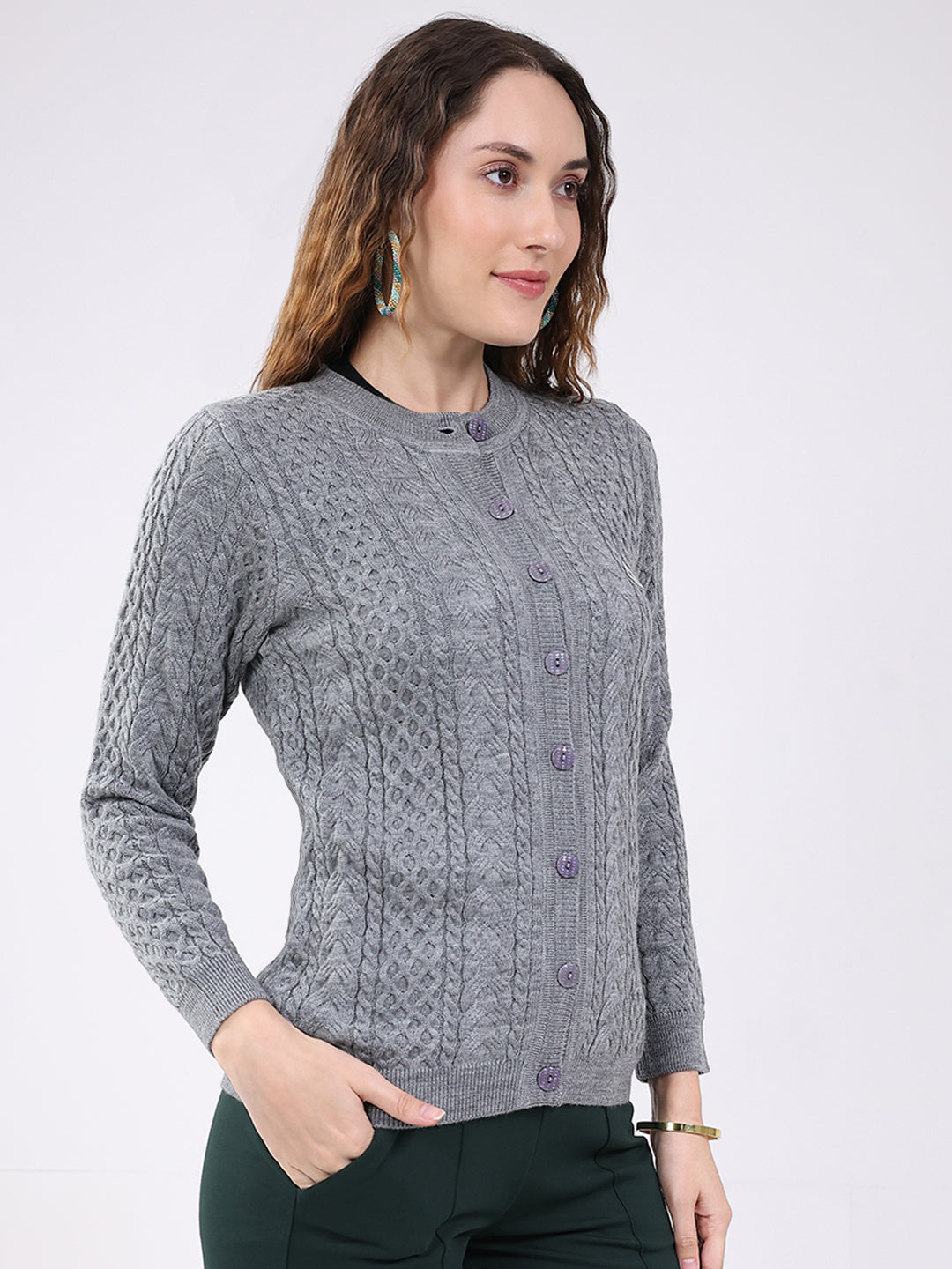 Women Grey Self Design Round Neck Full Sleeve Cardigan