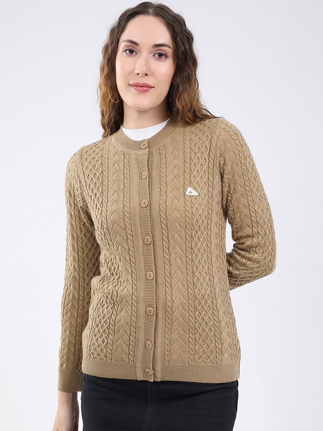 Women Camel Brown Self Design Round Neck Full Sleeve Cardigan