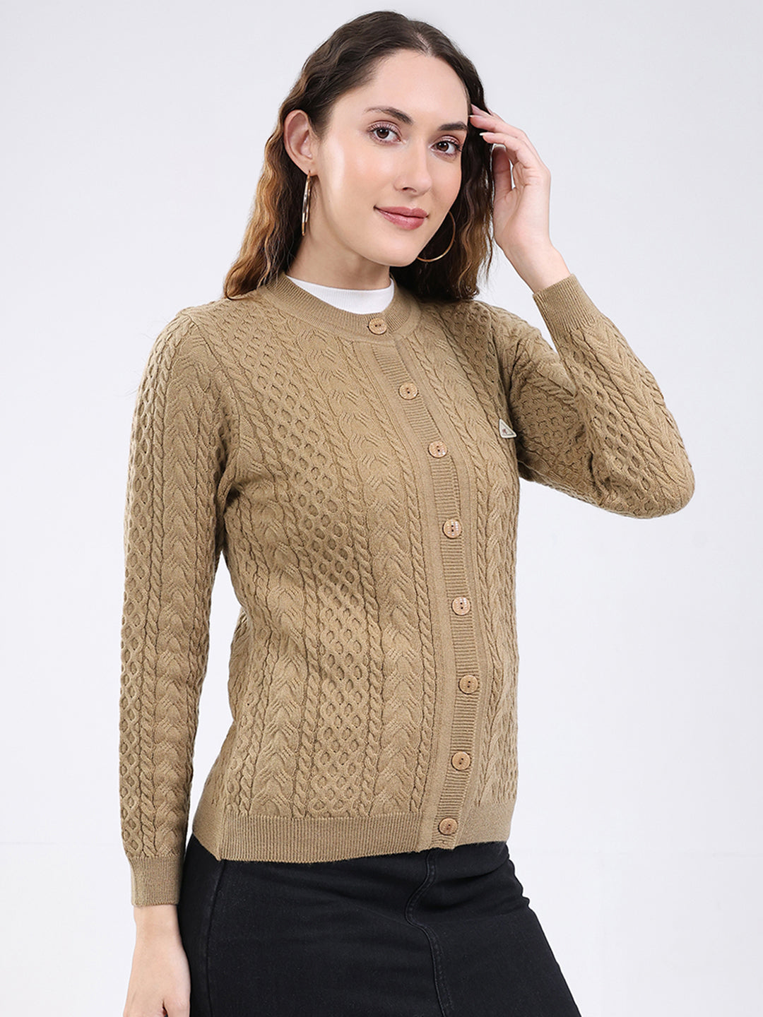 Women Camel Brown Self Design Round Neck Full Sleeve Cardigan