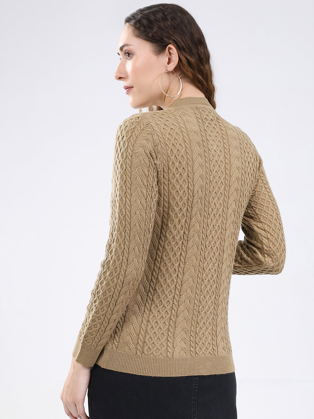 Women Camel Brown Self Design Round Neck Full Sleeve Cardigan
