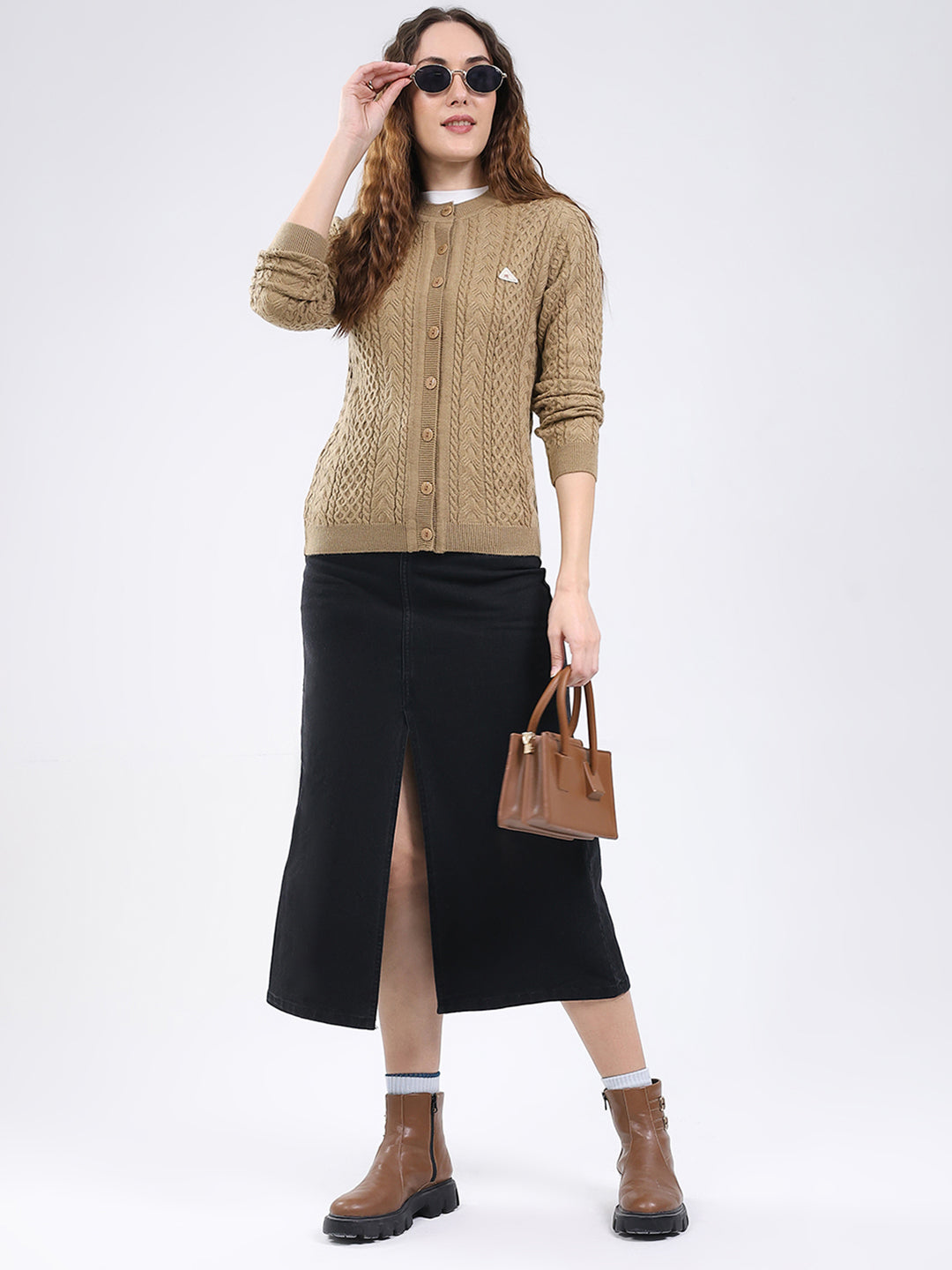 Women Camel Brown Self Design Round Neck Full Sleeve Cardigan
