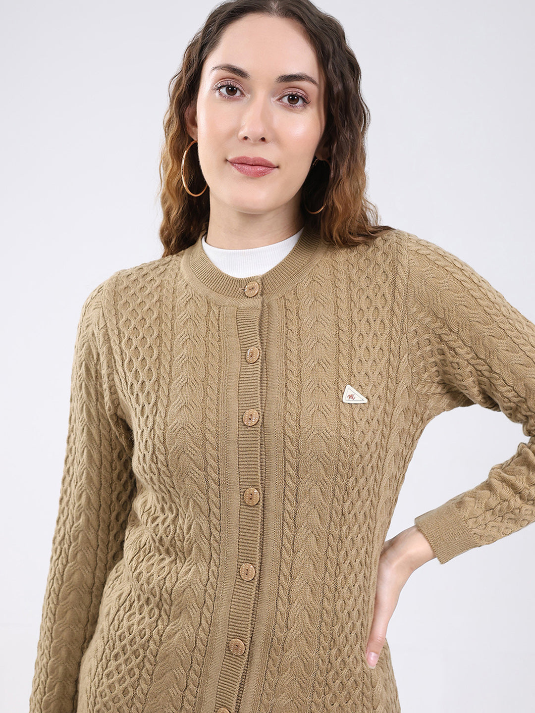 Women Camel Brown Self Design Round Neck Full Sleeve Cardigan