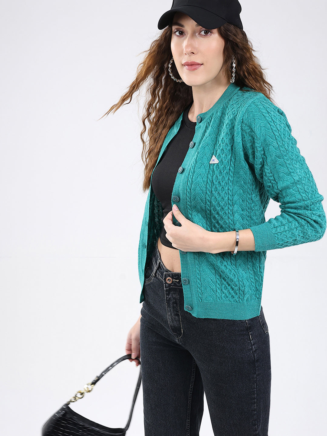 Women Sea Green Self Design Round Neck Full Sleeve Cardigan