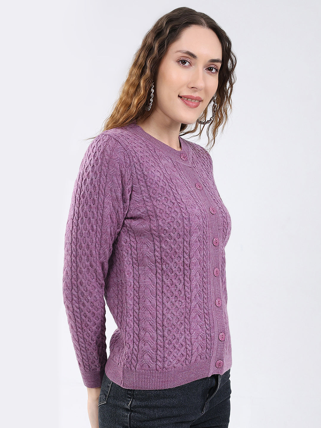 Women Purple Self Design Round Neck Full Sleeve Cardigan