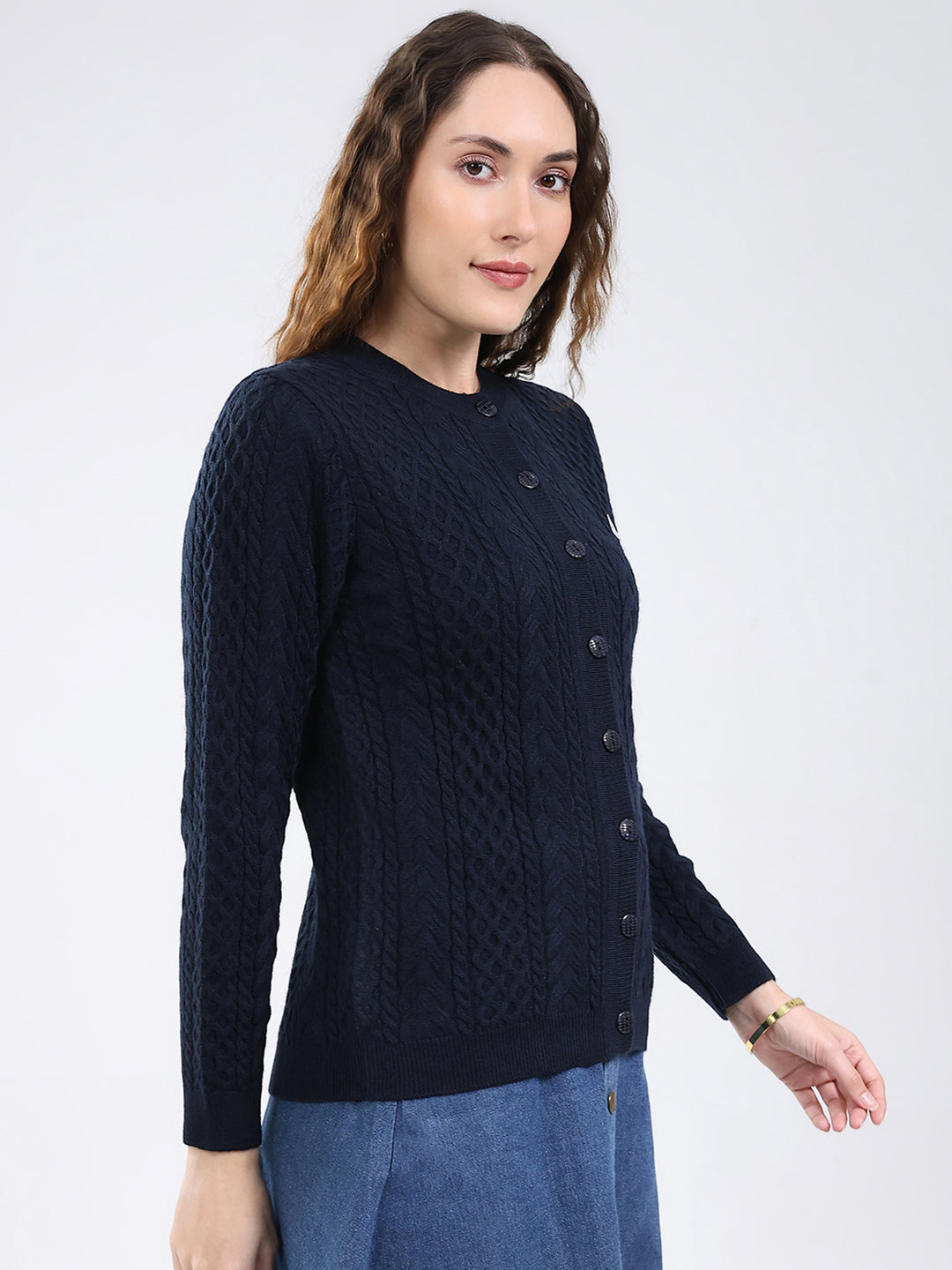 Women Navy Blue Self Design Round Neck Full Sleeve Cardigan