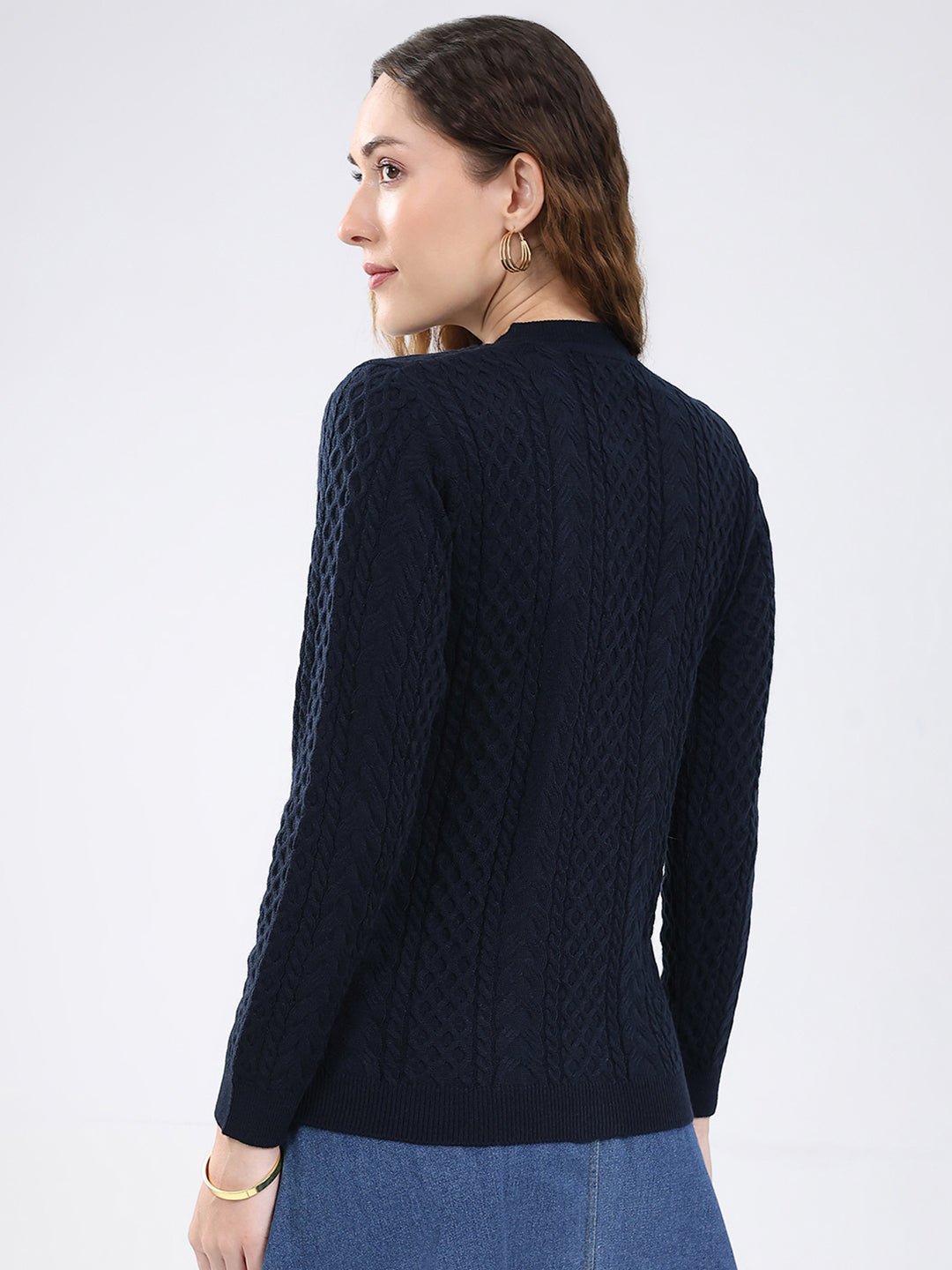 Women Navy Blue Self Design Round Neck Full Sleeve Cardigan