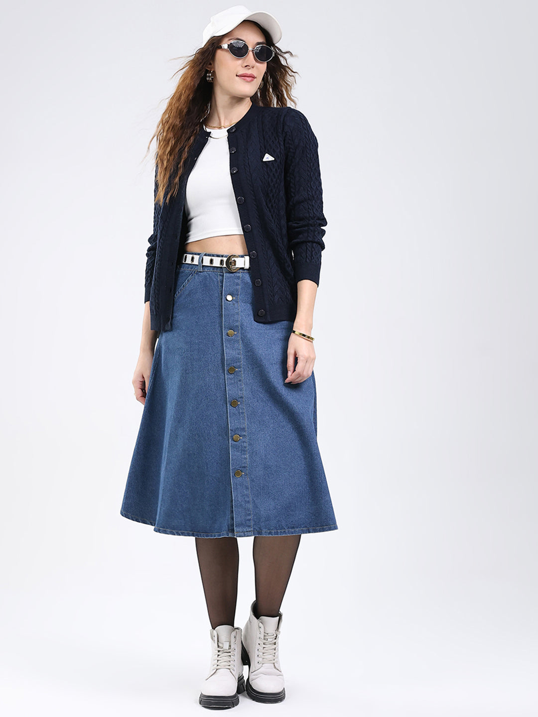 Women Navy Blue Self Design Round Neck Full Sleeve Cardigan