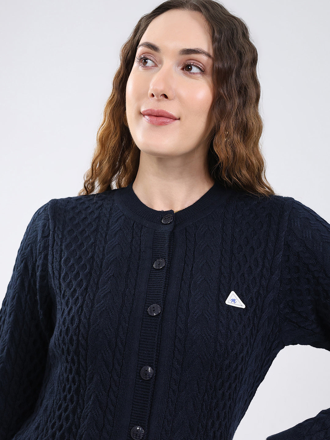 Women Navy Blue Self Design Round Neck Full Sleeve Cardigan