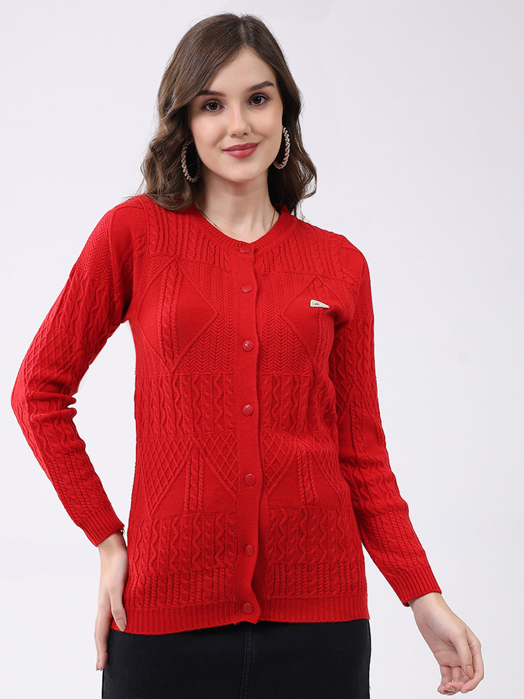 Women Red Self Design Round Neck Full Sleeve Cardigan