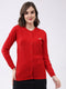 Women Red Self Design Round Neck Full Sleeve Cardigan