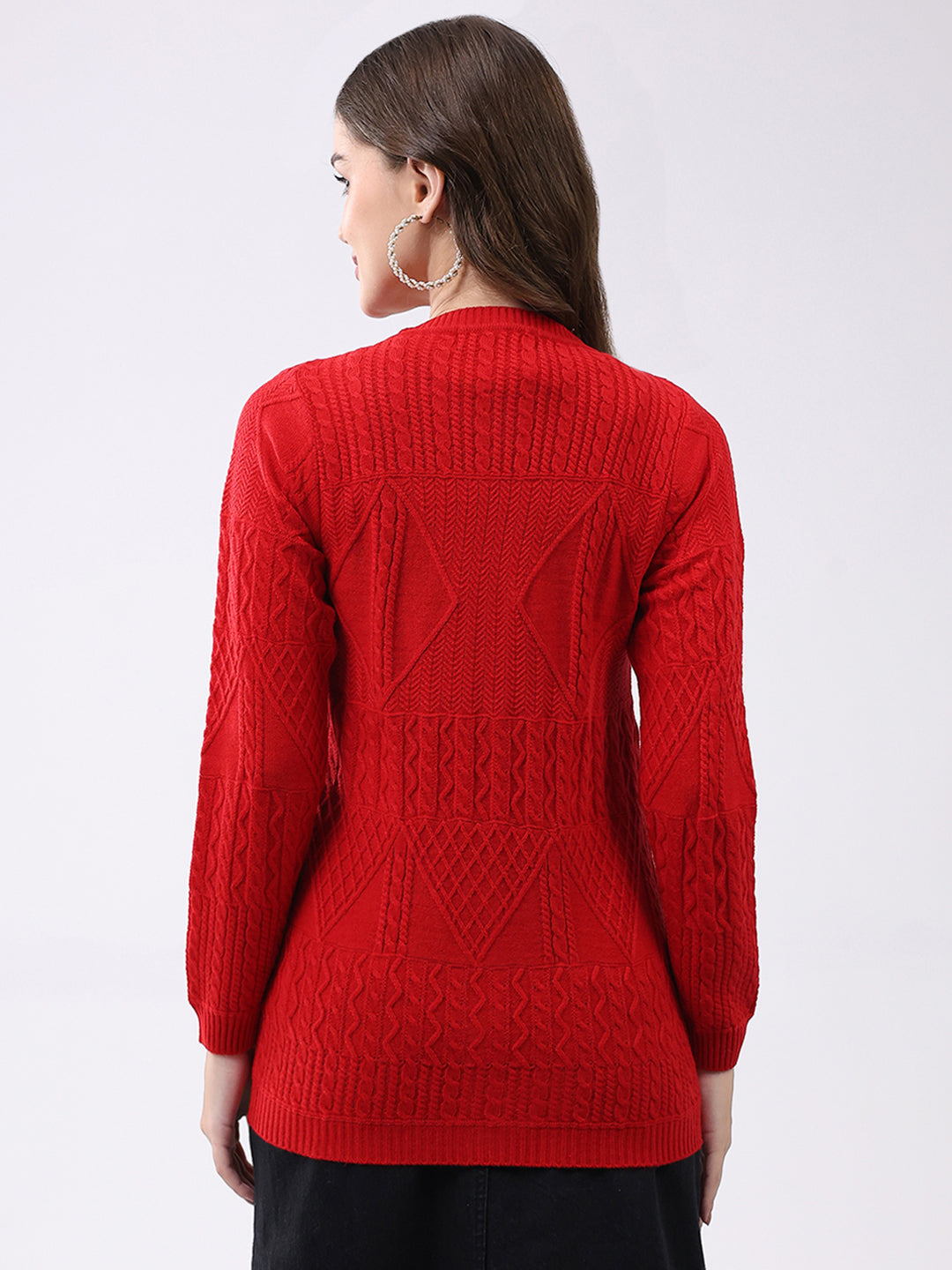 Women Red Self Design Round Neck Full Sleeve Cardigan