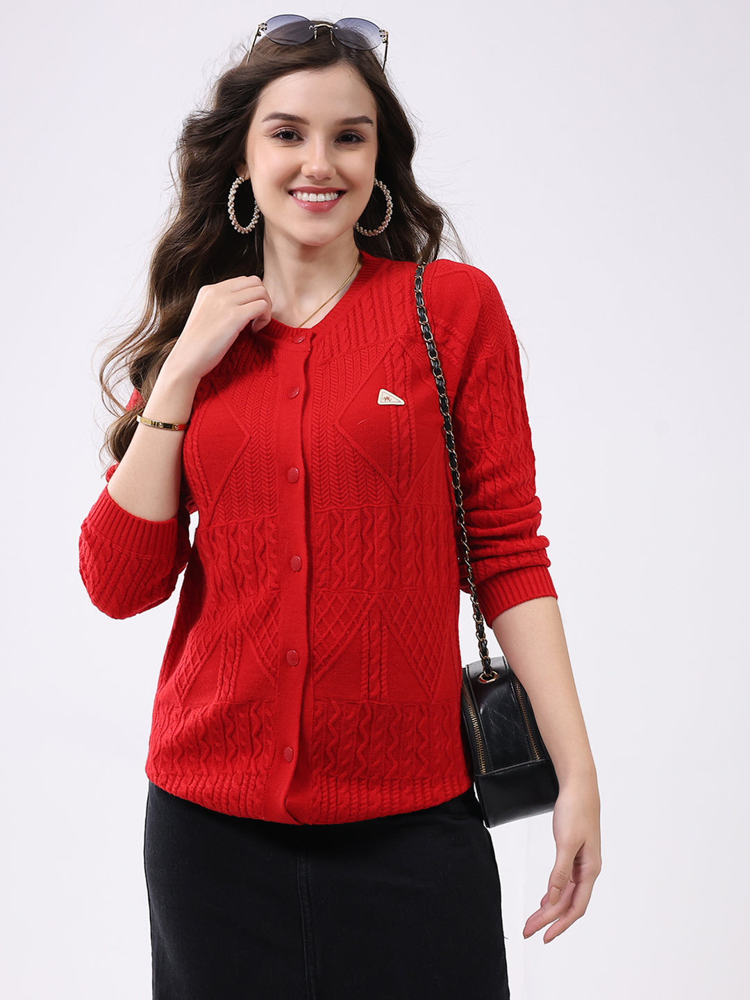 Women Red Self Design Round Neck Full Sleeve Cardigan