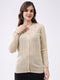 Women Beige Self Design Round Neck Full Sleeve Cardigan
