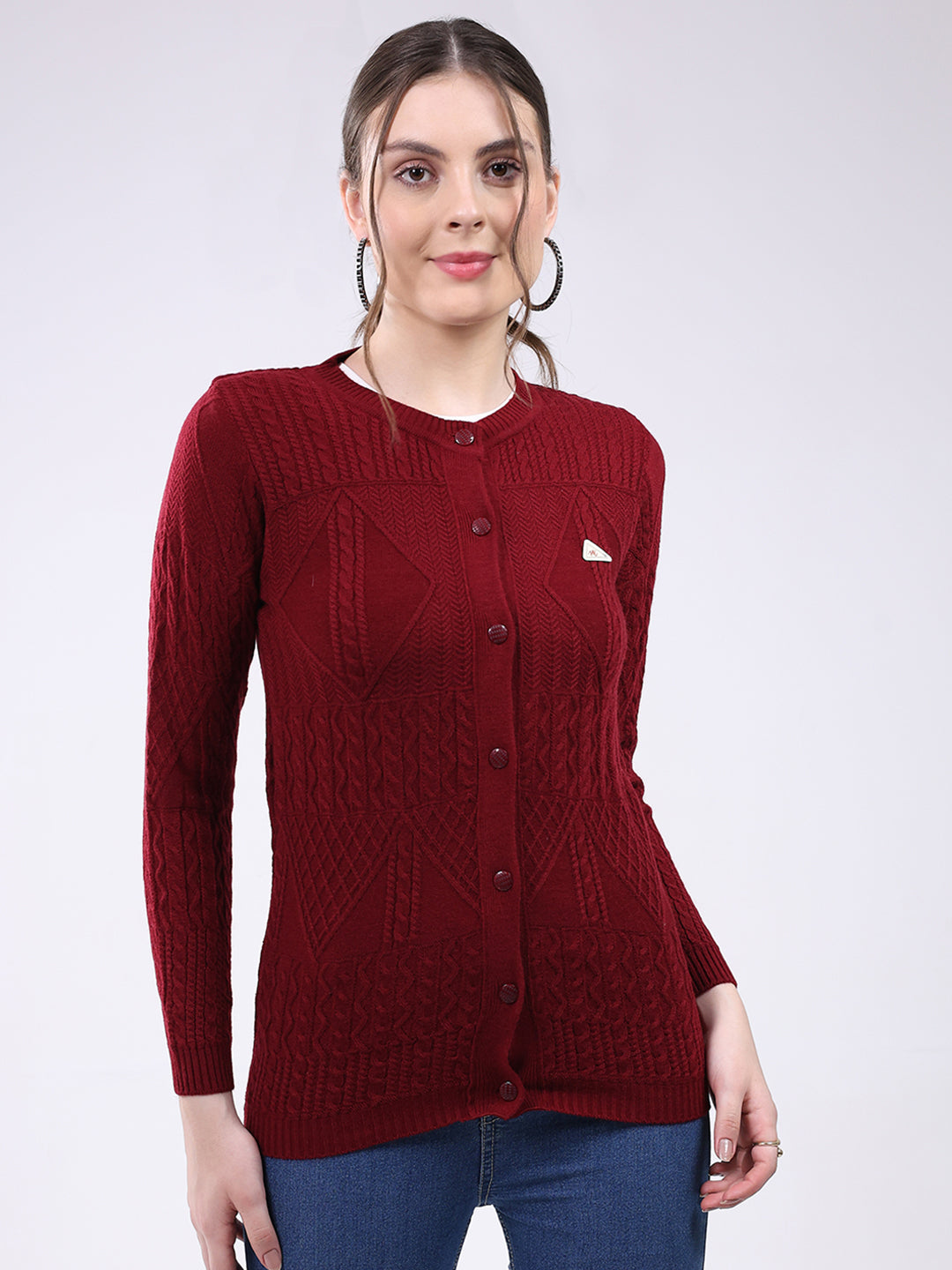 Women Maroon Self Design Round Neck Full Sleeve Cardigan