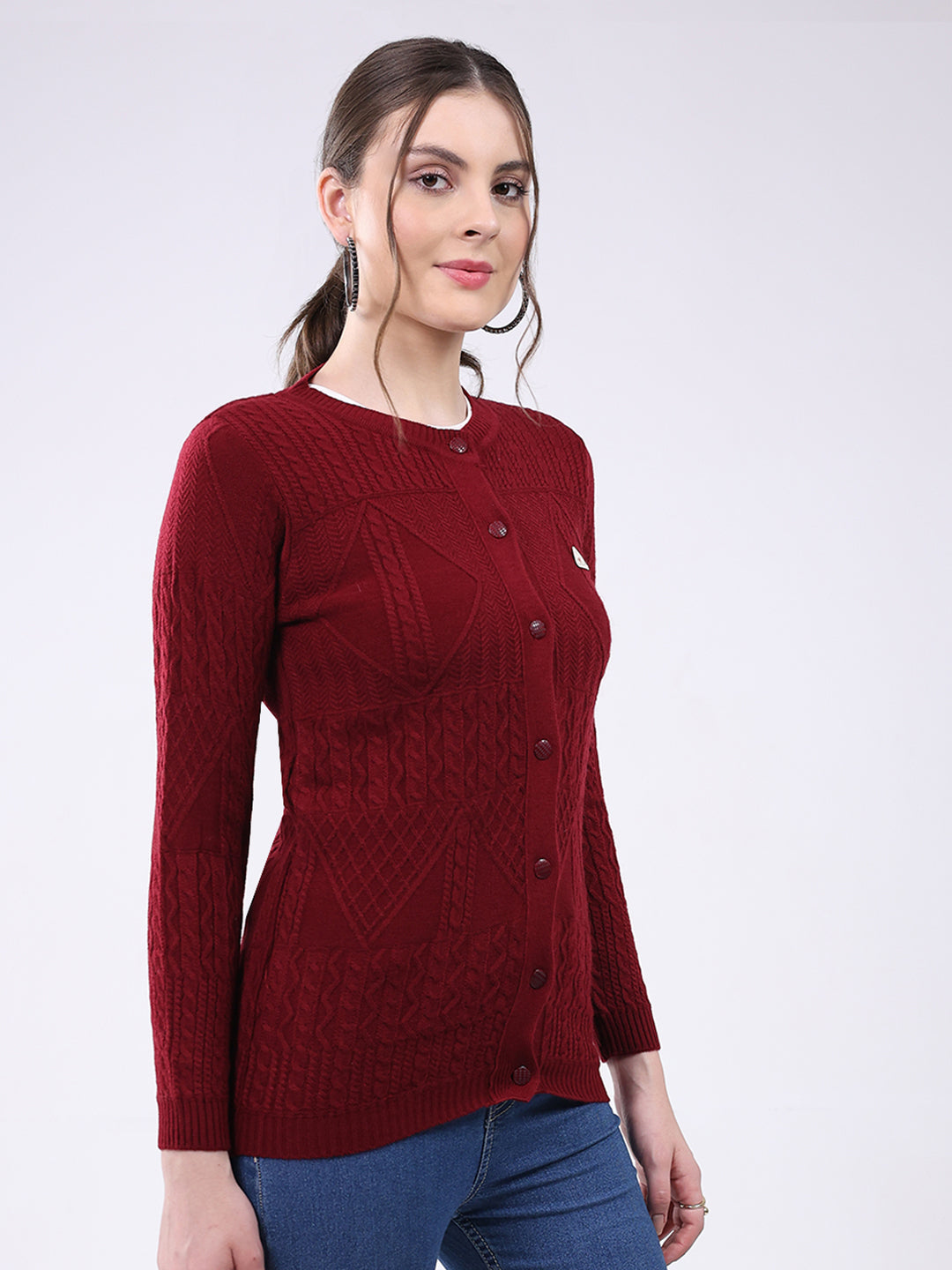 Women Maroon Self Design Round Neck Full Sleeve Cardigan